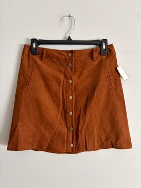 Faux Suede Button-Front Mini Skirt in Rust Brown by Calendar. Size: 6.